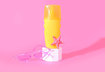 Bottle of sunscreen cream with sunglasses and starfish on pink background