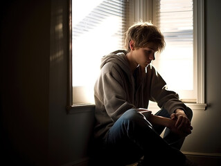 Photo of a teenage boy sitting by a window. The composition emphasizes his isolation, portraying the inner turmoil and struggles of a teen grappling with depression.
