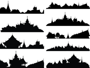 Set of editable vector silhouettes of Buddhist temple complexes - obrazy, fototapety, plakaty