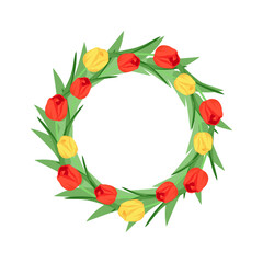 Round floral frame with tulip flowers in red and yellow colors. Circle frame decorated with tulips and leaves. Colorful design element with place for text. Flat vector illustration