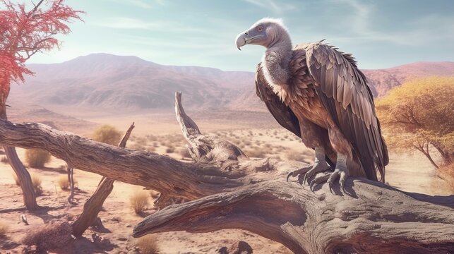 Vulture on branch desert landscape. Generative AI