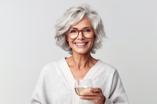 Medium shot portrait photography of a satisfied woman in her 40s that is wearing a snuggly pajama set against a white background . Generative AI