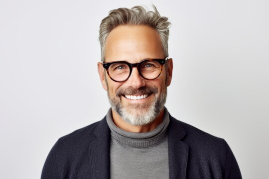 Portrait of a handsome middle-aged man with gray hair wearing glasses and smiling at the camera
