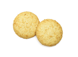 Pair of round morning tea cookies with coconut crumbs isolated on white background