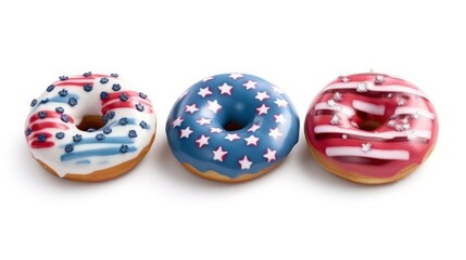 assortment of donuts with icing with american flag pattern on icing on white background. donut day in USA. Generative AI