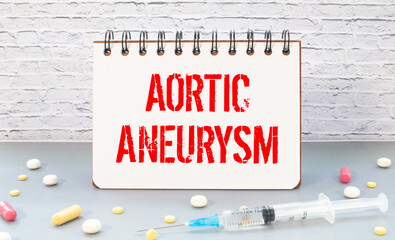 An alarm clock, pills, injections and a card with the inscription - Aortic Aneurysm.