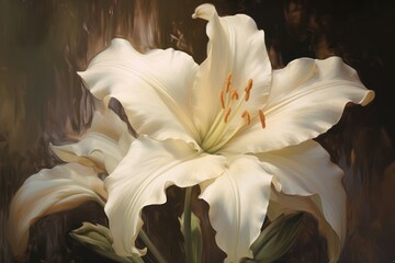 Plakat Lily Ivory petals unfold, showcasing purity and elegance. Soft brushstrokes mirror nature's serenity. Generative AI