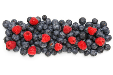 Ripe raspberry and blueberry on white background