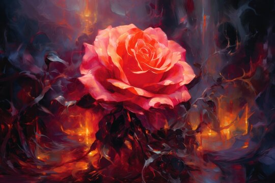 Rose deep crimson strokes intertwine, unveiling the passion and allure within. Fragrance lingers, a testament to nature's masterpiece. Generative AI