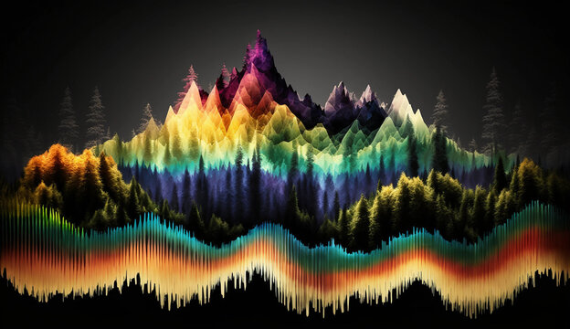 Colorful Sound Wave Compression and Rarefaction Superimposed Over a Mountain Landscape Generative AI