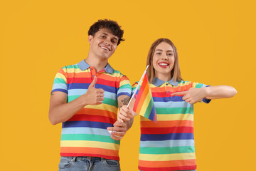 Young couple with LGBT flag on yellow background