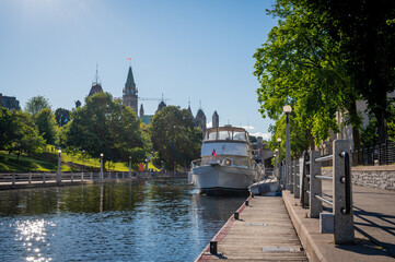 Boat on the Rideau Canal near Parliament during summer, Ottawa, Ontario, Canada
