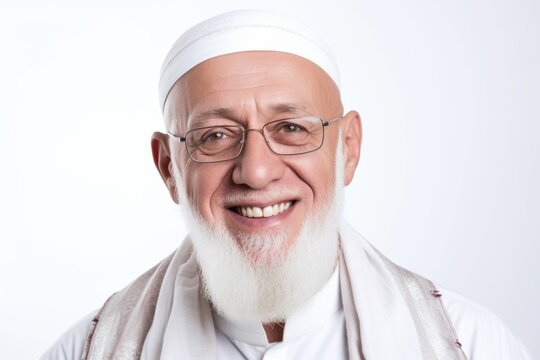 Group portrait photography of a pleased man in his 50s that is wearing hijab against a white background . Generative AI