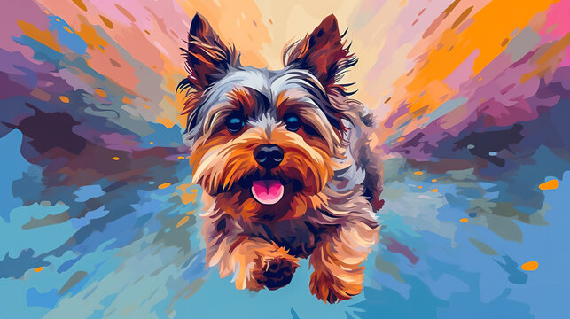 Yorkshire terrier dog running illustration vector in abstract mixed grunge colors digital painting in minimal graphic art style. Very cute small dog. Digital illustration generative AI.