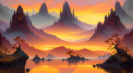  vibrant hues of a stunning sunrise over a serene landscape, AI Generated