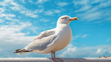 Portrait of a seagull on the seashore. Close view of a white seagull bird sitting on the beach. Wild seagull with natural blue background. Generative AI 