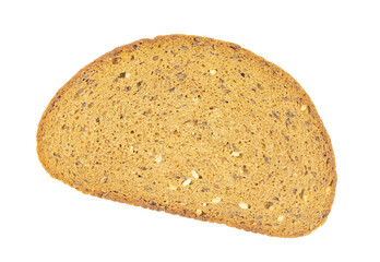 One slice of multigrain dark bread isolated on white background. Single piece closeup