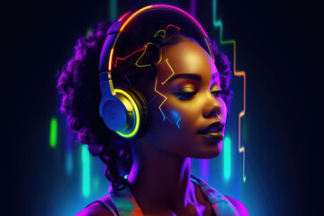 Beautiful smiling girl wearing neon headphones Generative AI
