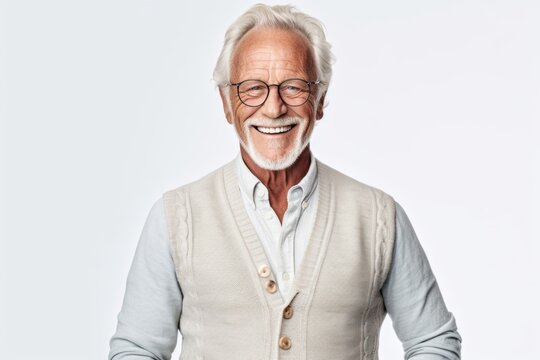 Smiling senior man in eyeglasses looking at camera over white background