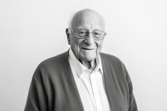 Medium black and white shot portrait photography of a satisfied man in his 80s that is wearing a chic cardigan against a white background . Generative AI