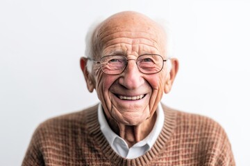 Obraz premium Lifestyle portrait photography of a grinning man in his 90s that is wearing a cozy sweater against a white background . Generative AI