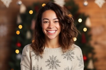 Portrait of a smiling young woman in sweater at christmas time