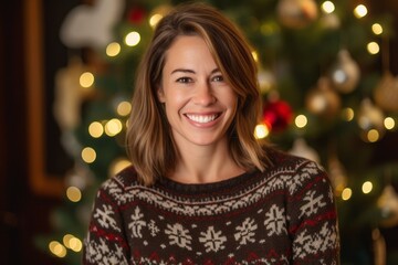 Portrait of a beautiful young woman with Christmas tree in the background