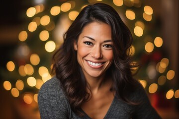 Portrait of a beautiful young woman smiling in front of christmas lights