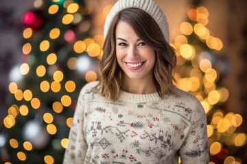 Portrait of a beautiful young woman with christmas tree in background