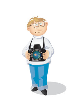 Photographer with a camera on a white background. Illustration.