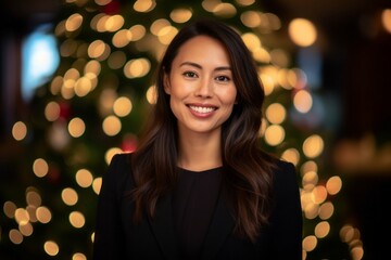 beautiful asian woman in suit over christmas tree lights background