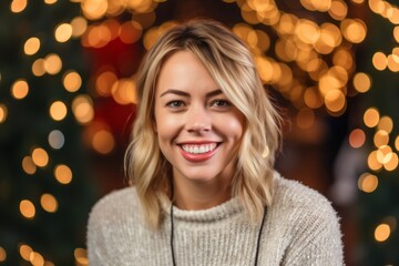 Portrait of a beautiful young woman in front of christmas tree