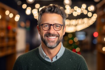 Fototapeta premium Portrait of a handsome man with glasses smiling at the camera in a coffee shop