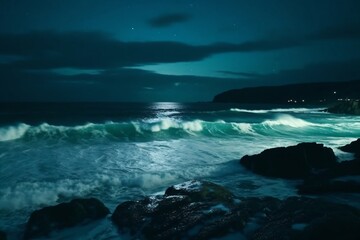 Fototapeta premium small wave on a rocky coast at night created with Generative AI technology