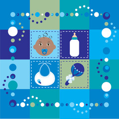Vector Illustration of baby boy quilt 2. Patchwork or sewing, background.