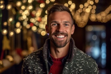 Portrait of a handsome young man in a Christmas decorated interior.