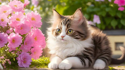 Adorable cat in garden. Generated AI