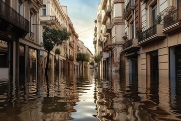 Obraz na płótnie Canvas high water level on a city European street from a flood, after a downpour or an avalanche. The concept of natural disaster insurance and life and property insurance.Generative AI