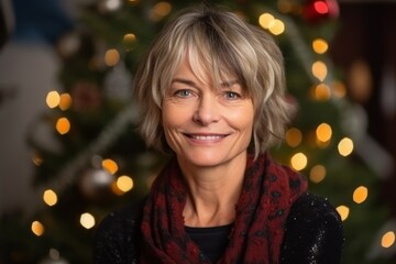 Portrait of a senior woman in front of a Christmas tree.