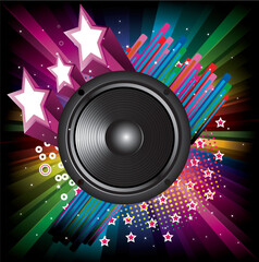 rainbow background with  black speaker and stars