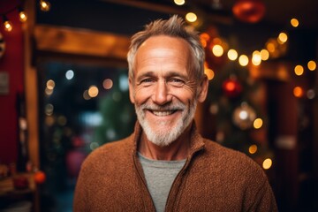 Obraz premium Portrait of smiling senior man standing in front of christmas tree