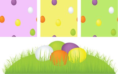 Easter Eggs on grass field and Easter pattern