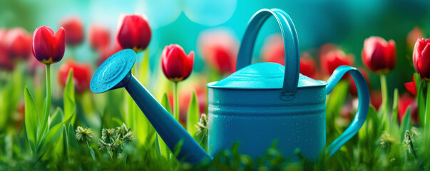 Vibrant blue sprinkler watering can on summer blooming meadow. Bright red tulips near. Flower gardening banner. Generative AI - obrazy, fototapety, plakaty