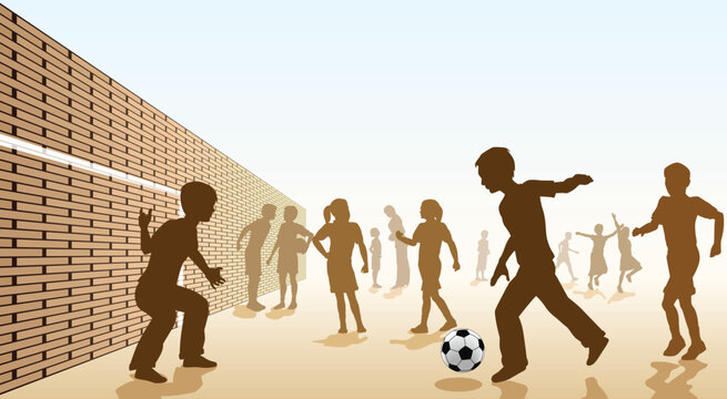 Editable vector illustration of children playing football in a playground