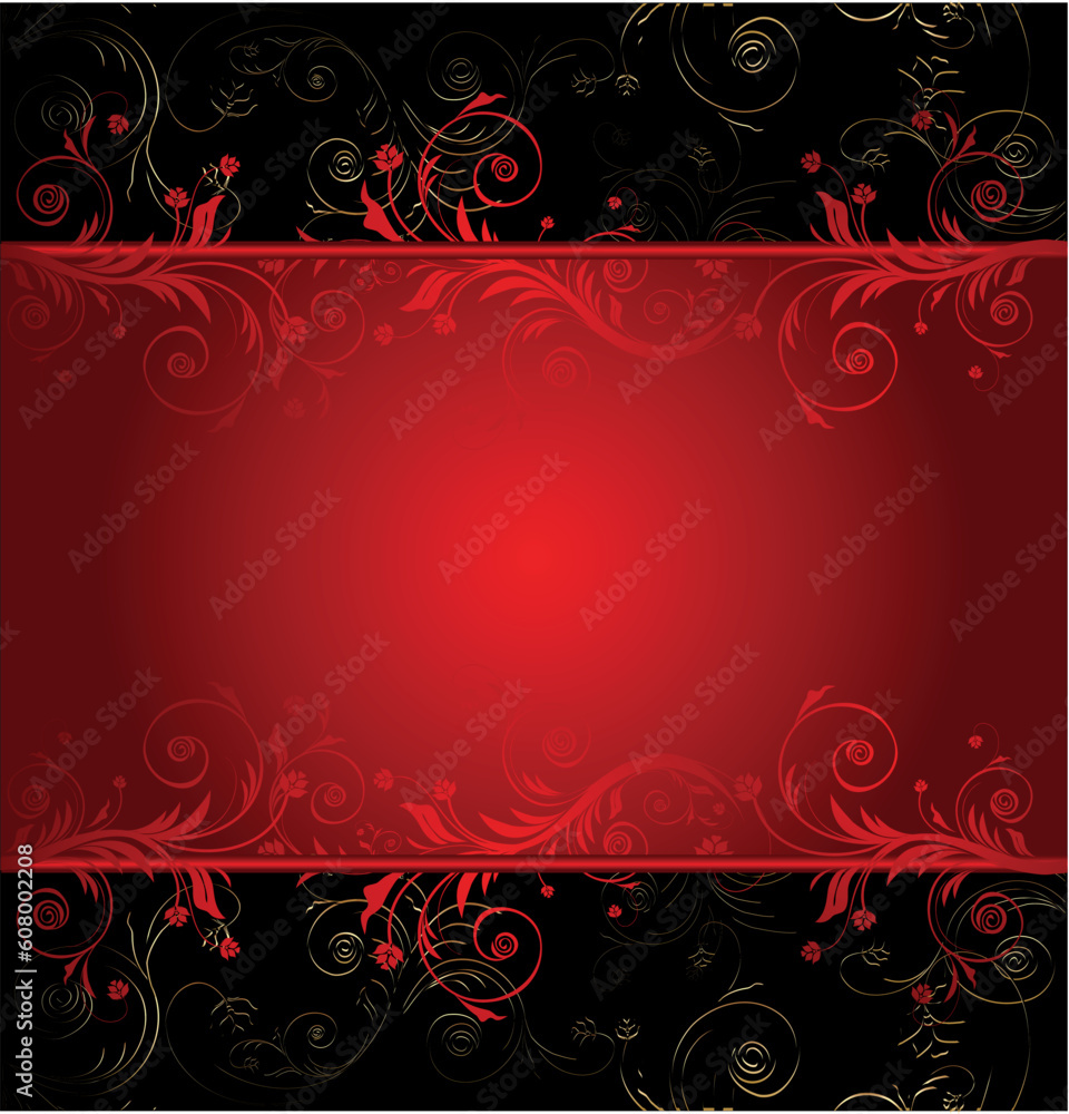 Poster vector black and red floral background for text with pattern