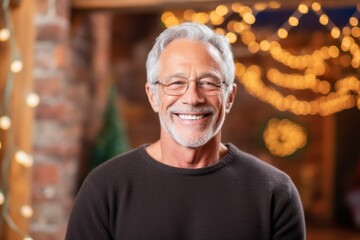 Portrait of a happy senior man at home with Christmas lights in the background