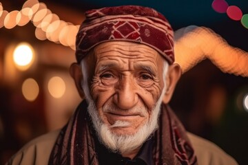 Portrait of an old indian man at night in the city
