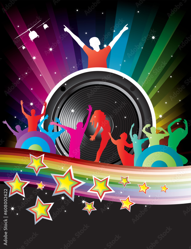 Sticker rainbow background with crazy dj and dancers