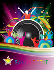rainbow background with crazy dj dancers and waves