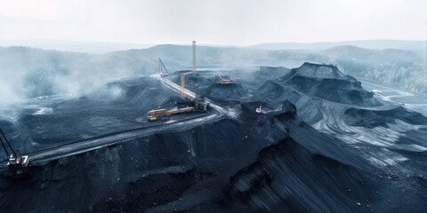 Aerial view of coal mine, natural resources mining industry, top drone view with some heavy machinery on black ground. Generative AI